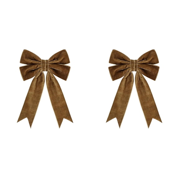 2Pcs Christmas Velvet Bow Ornament, 7.09" Brown Wreath Twist Tie Ribbon with Metal Wire, Soft Fabric Hanging Decoration for Gift Wrapping, Garland, Tree, and Rustic Holiday Party Decor