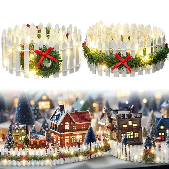 2Pcs Christmas Village Decorative Fences Garden Accessories, Christmas Decorative Picket Fence with LIght for Christmas Dollhouse Collections Snow Figurine Mini Village Landscape, Beige