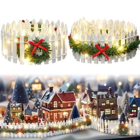 2Pcs Christmas Village Decorative Fences Garden Accessories, Christmas Decorative Picket Fence with LIght for Christmas Dollhouse Collections Snow Figurine Mini Village Landscape, Beige
