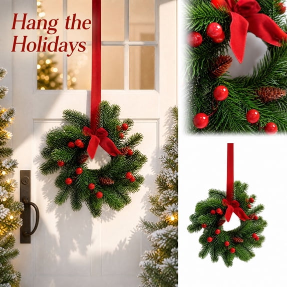 2Pcs Christmas Wreath Door Hanger, 11.02 Inch Artificial Pine Wreath with Red Berries, Pinecones & Velvet Bow, Festive Hanging Wreath for Front Door Wall Closet Holiday Decor