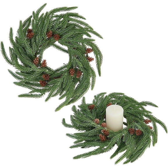 2Pcs Christmas Wreath Rings Artificial Green Pine Leaves Pinecone Winter Holiday Xmas Tree Decorations Holders Wreaths