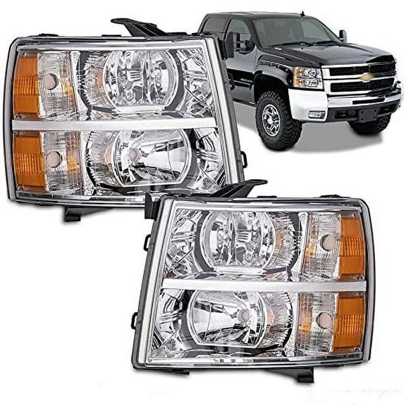 2Pcs Headlights Fit For Chevy Silverado 1500 2007-2013/Silverado 2500 3500 & HD Models 2007-2014 Headlamps Clear Lens Chrome Housing Amber Reflector