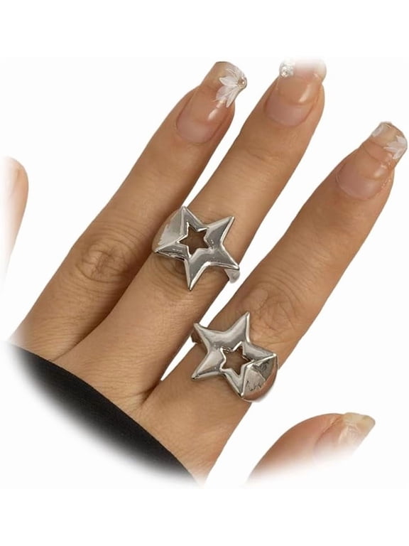 2Pcs Chunky Gold Star Y2k Rings Stackable Set for Women Trendy, Vintage Silver Hollow Stars Pentagram Knuckle Ring Punk Hippie Party Prom Jewelry Gifts