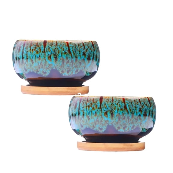 2Pcs Circular Glazed Ceramic Pottery Planter Set Unique窑变Color Blend Succulent Garden Pot Display Flower Pots