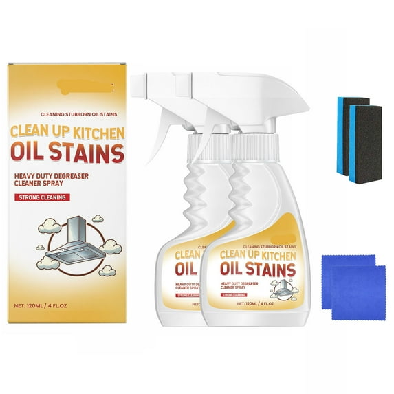 2Pcs Clean Up Kitchen Oil Stains, Heavy Oil Stain Cleaner Kitchen, Versatile Kitchens Foam Spray Cleaner, with 2 Cleaning Cloth and 2 Sponge, for Kitchens, Countertops, Range Hoods, Ovens (120ml)