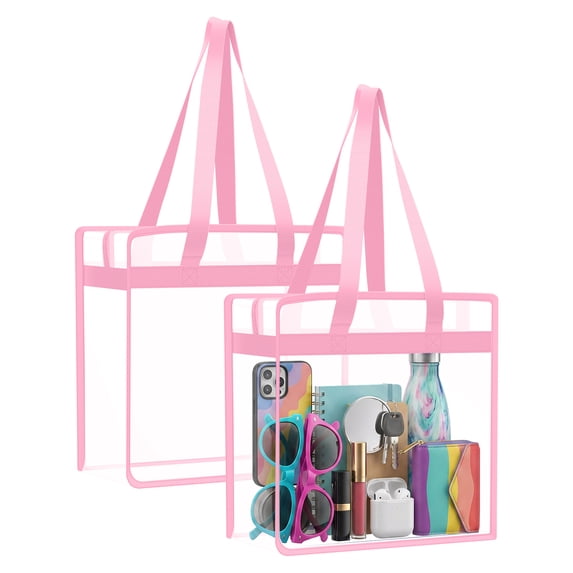 Clear Tote Bag Stadium Approved 12x12x6, 2 Pack Heavy Duty PVC Clear Tote with Zipper for Concerts, Work & School, Pink