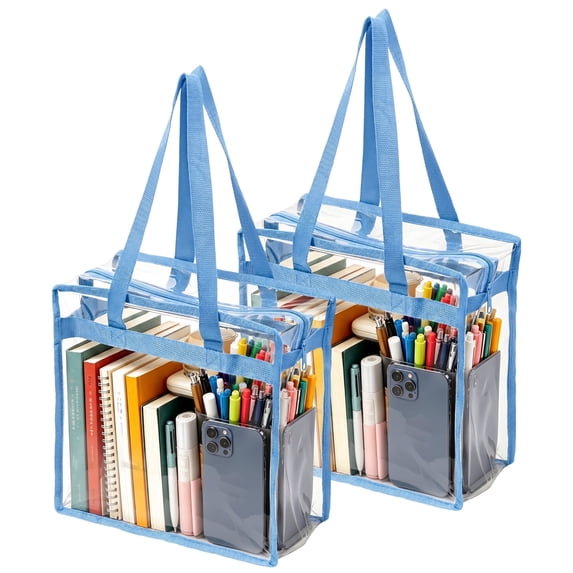 Clear Tote Bag Stadium Approved 12x12x6, 2 Pack Heavy Duty PVC Clear Tote with Zipper for Concerts, Work & School, Sky Blue