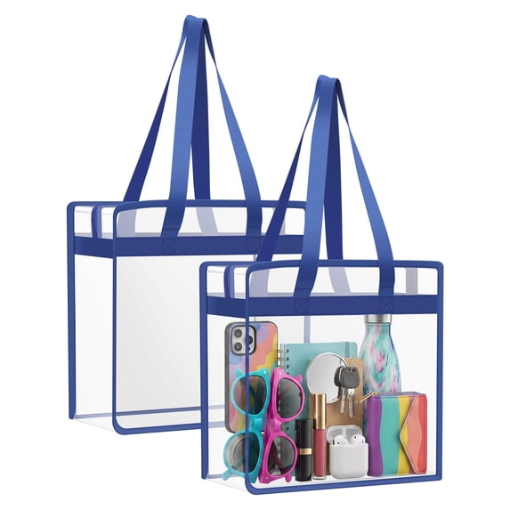 Clear Tote Bag Stadium Approved 12x12x6, 2 Pack Heavy Duty PVC Clear Tote with Zipper for Concerts, Work & School, Dark Blue