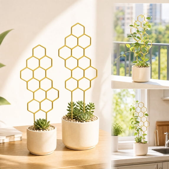 2Pcs Climbing Vines Trellis, Yellow Hexagon Plant Trellis for Climbing Plants Indoor Outdoor, Small Garden Trellis for DIY Home Decor, Potted Plants, Vine Support for Ivy, Flowers