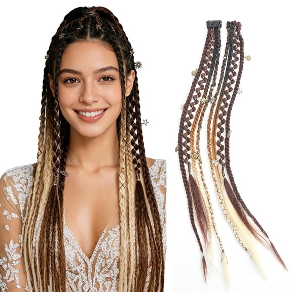 2Pcs Clip in Braid Hair Extensions for Women, 20 Handmade Synthetic Boho Clip in Braid Hairpieces with Beads & Charms, Great for Viking costume, Easy on & off,Gradient Blonde