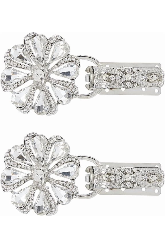 2Pcs Cloak Clasp Fasteners Alloy Rhinestone Sweater Clips Sew on Hooks and Eyes Cardigan Clips for Shawl Coat Jacket Silver 3.2inch
