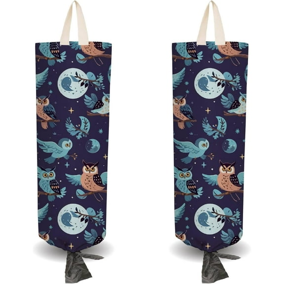 2Pcs Cloth Plastic Bag Holder Owl Theme 4 Adhesive Hook Grocery Pull Rope Free Adjustment Reusable Organizer Washable Wall Mount Hanging Storage Dispenser