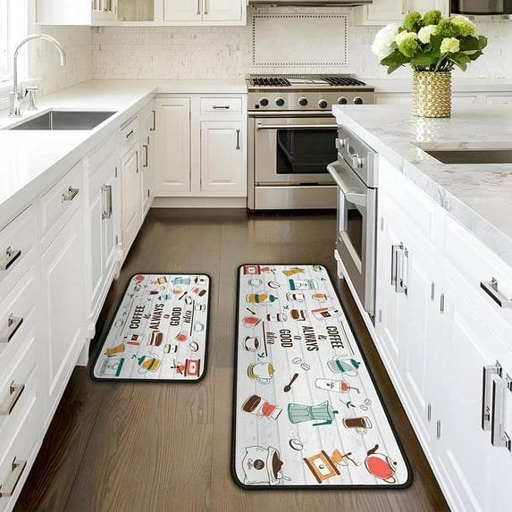 2Pcs Coffee Kitchen Floor Mats Washing Sets Kitchen Floor Mats for Home Non Slip Waterproof Standing Kitchen Runner Mats 17\u201dx24\u201d+17\u201dx48\u201d