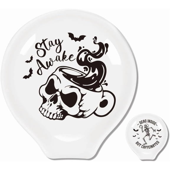 2Pcs Coffee Spoon Rest Skulls and Coffee Pattern 3.34"x3.54" Cute Spoon Holder Heat Resistant Utensil Holder
