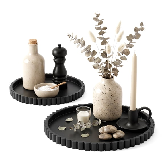 2Pcs Coffee Table Tray Exquisite Round Decorative Tray Multifunctional Coffee Table Decor for Living Room Kitchen Counter Bathroom Bedroom, 10.98 inches, Black