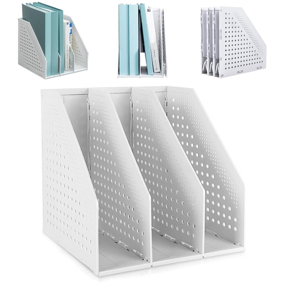 2Pcs Collapsible Plastic Magazine File Holder Vertical Binder Storage Organizer for Desk Sturdy Upright Desktop Magazine Organizer Folder Rack for Office School Home (3 Compartments, Gray)