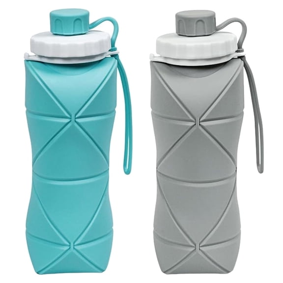 2Pcs Collapsible Silicone Travel Water Bottle 20oz (600ml) Reuseable Leakproof Foldable Sports Bottle with Carrying Strap Gray + Blue