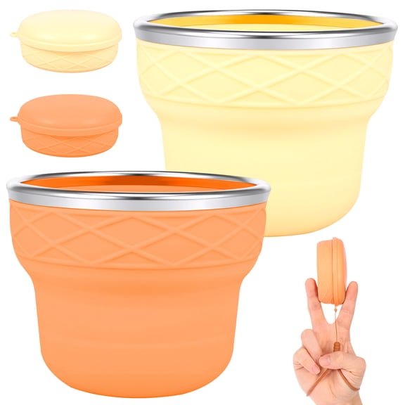 2Pcs Collapsible Travel Cup with Lid - 6.76oz BPA Free Silicone Folding Cup with Stainless Steel Rim - Portable Pocket Cup for Mouthwash, Pills, Hiking, Camping & Kids(Tan + Beige)