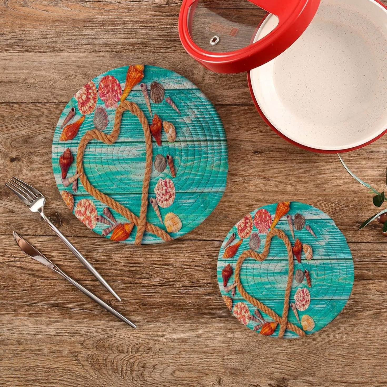 2Pcs Color Wooden Sea Shells Pot Holders Trivets, Heart Rope Trivets