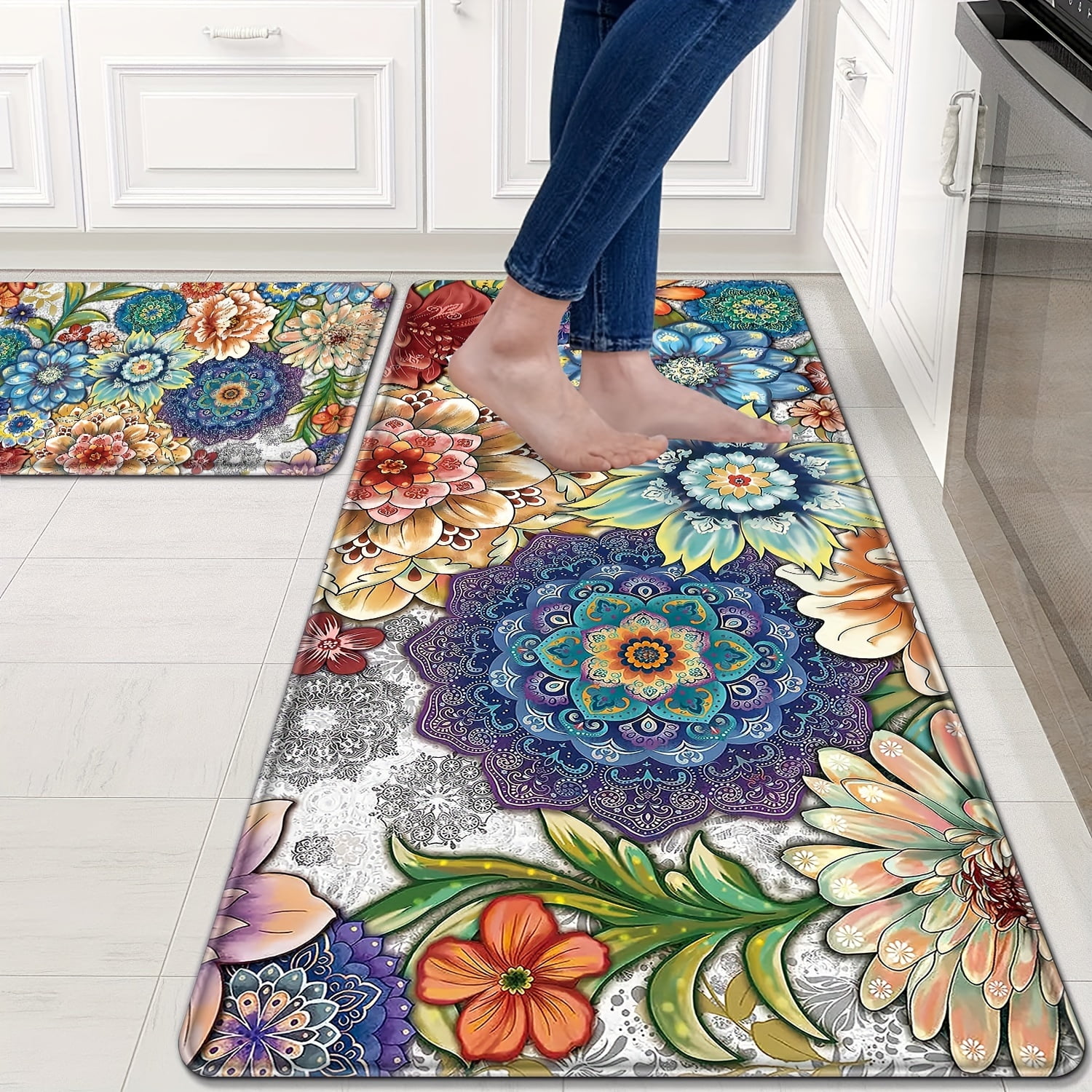 Simple Mats 2Pcs Colorful Flower Pattern Kitchen Rugs Simple Totem Print Non-Slip ...