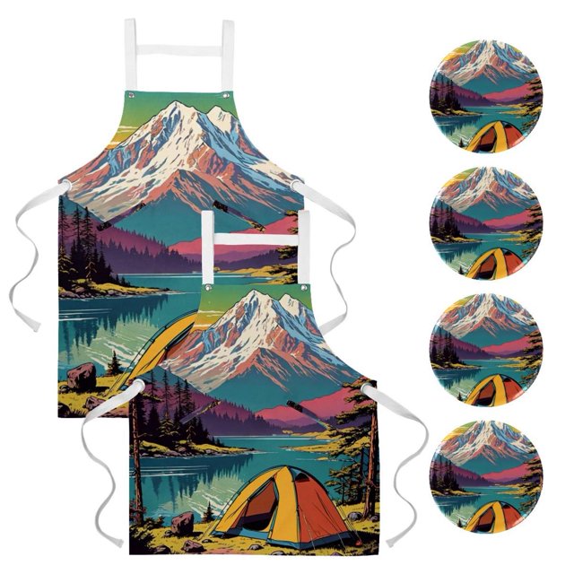 2Pcs Colorful Landscape Versatile Aprons Set Kitchen, Baking,Cooking