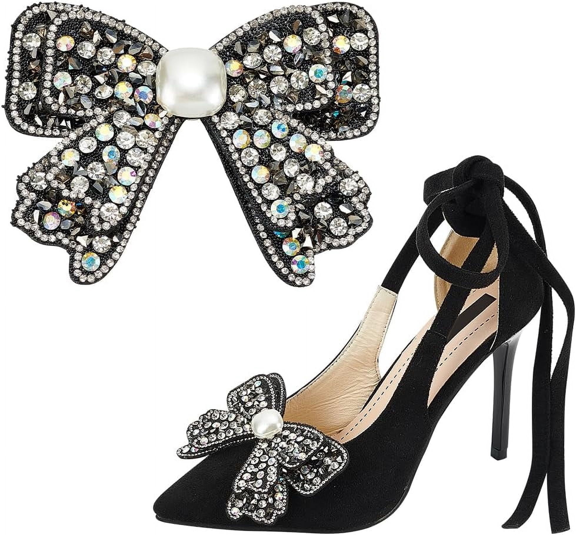Matched Pair Vintage Rhinestone Black Grosgrain Bow Shoe Clips Clear Mixed Stone Handmade shoe clips with crystals main image 4