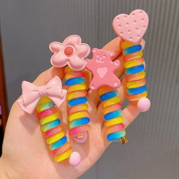 2Pcs Colorful Telephone Wire Hair Bands for Kids, Spiral Ties Braided Telephone Cord Hair Bands Hair Accessories for Girls Women, Bowknot Braided phone Wire Hair Ties