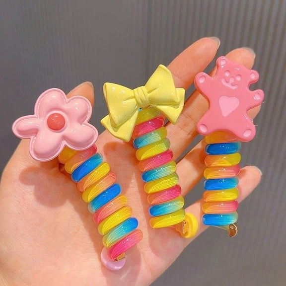 2Pcs Colorful Telephone Wire Hair Bands for Kids, Spiral Ties Braided Telephone Cord Hair Bands Hair Accessories for Girls Women, Bowknot Braided phone Wire Hair Ties