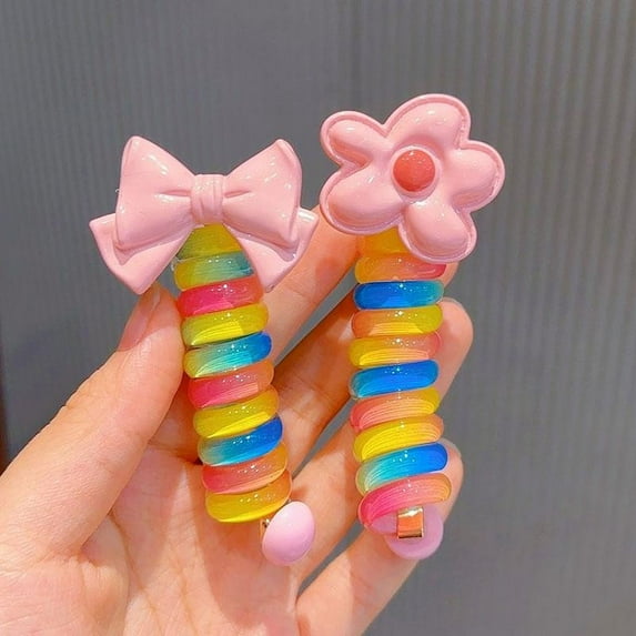 2Pcs Colorful Telephone Wire Hair Bands for Kids, Spiral Ties Braided Telephone Cord Hair Bands Hair Accessories for Girls Women, Bowknot Braided phone Wire Hair Ties