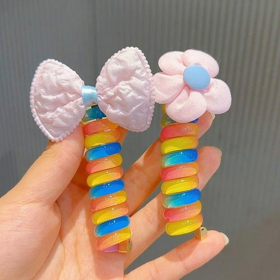 2Pcs Colorful Telephone Wire Hair Bands for Kids, Spiral Ties Braided Telephone Cord Hair Bands Hair Accessories for Girls Women, Bowknot Braided phone Wire Hair Ties