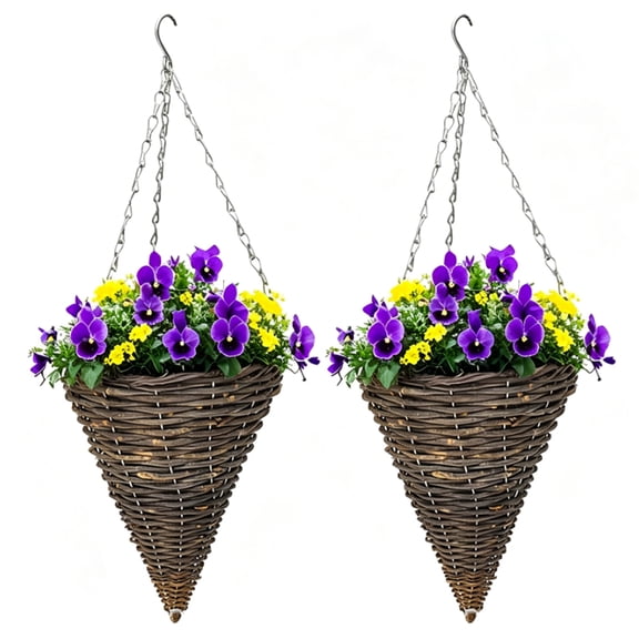 2Pcs Cone Shaped Hanging Basket With Chain Hook And Plastic Liner Rustic Cone Hanging Flower Basket Rustic Conical Plant Basket For Porch Front Door Garden Home Patio (10inch)