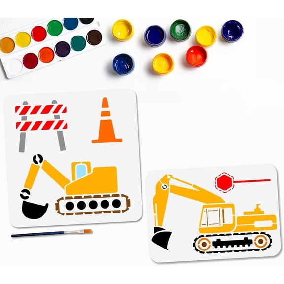2Pcs Construction Vehicle Stencils Excavator Construction Site Painting Stencil 11.811.8/11.78.3inch with Paint Brush Reusable Barricade Templates for Wood Window DIY Craft Colorful