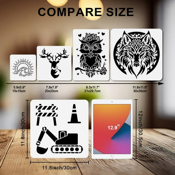 2Pcs Construction Vehicle Stencils Excavator Construction Site Painting Stencil 11.811.8/11.78.3inch with Paint Brush Reusable Barricade Templates for Wood Window DIY Craft