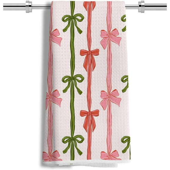 2Pcs Coquette Christmas Kitchen & Bath Towels, Pink & Green Bow Hand & Dish Towels, 16x24 Inch