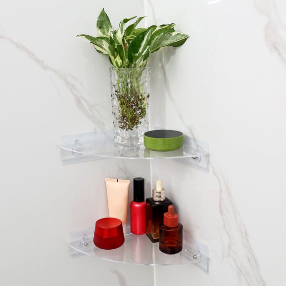 2Pcs Corner Shower Shelf 8.3"x 8.3" No Drill Clear Acrylic Floating Corner Shelf Wall Mounted for Home Decor for Toiletry Cosmetic Spice Jar Security Camera Router