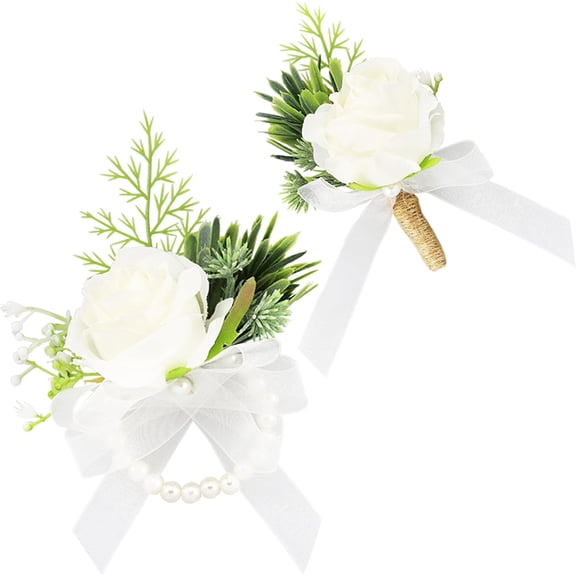 2Pcs Corsage and Boutonniere Set,Corsage Wristlet for Prom Decor,Boutonniere for Men Wedding Flowers Accessories Party Suit Decoration(white)