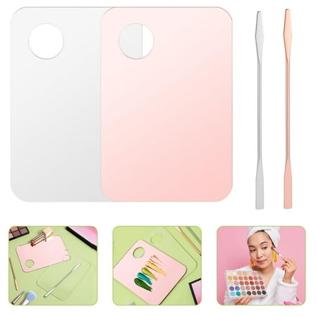 2Pcs Cosmetic Makeup Palette, Nail Art Palette with 2Pcs Spatula, DIY Makeup Mixing Palette, Beauty Salon Color Cream Mixing Palette, Nail Art Painting Mixed Color Palette for Women GIrls, Pink&Clear