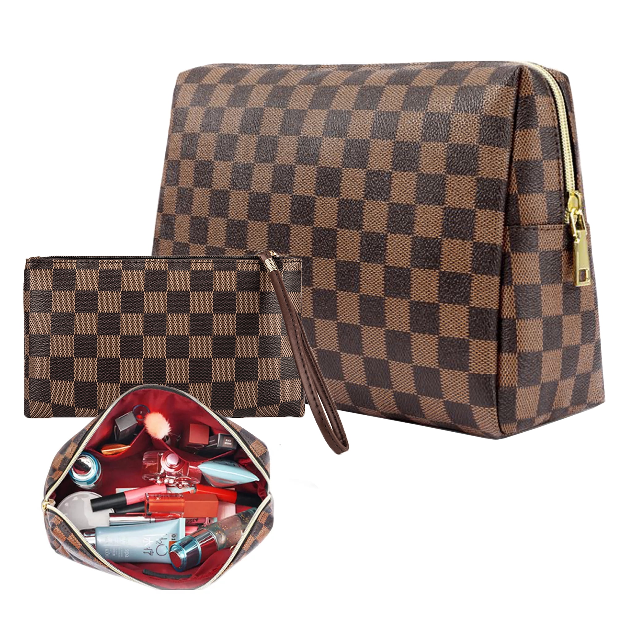 WHAT'S IN MY TRAVEL MAKEUP BAG  Louis Vuitton DAMIER EBENE DUPE 