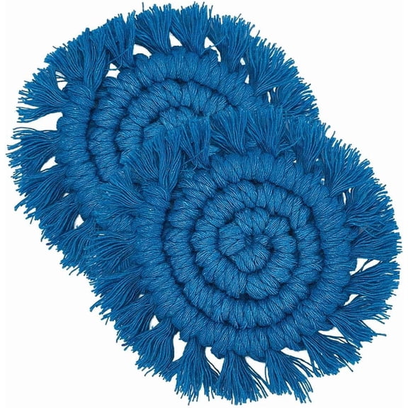 2Pcs Cotton Car Coasters Mini Boho Macrame Car Cup Coasters 9cm Round Woven Rustic Cup Mat Pad Car Accessories for Home Kitchen Office Party Cups Holder Dodger Blue