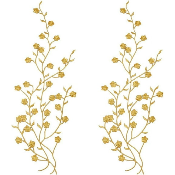 2Pcs Cotton Gold Flower Embroidery Patch Floral Lace Applique Fabric Iron On Embroidered Patches Gold Appliques Embellishments for Clothing Crafting Wedding Prom Dress Decoration Sewing
