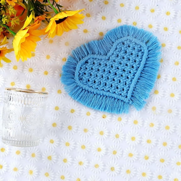 2Pcs Cotton Macrame Cup Mats Handmade Tassel Coaster Heart Deep Sky Blue 150x200mm for Handmade