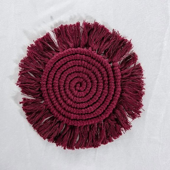 2Pcs Cotton Macrame Cup Mats Handmade Tassel Coaster Round Cerise 180mm creative