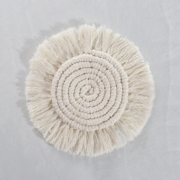 2Pcs Cotton Macrame Cup Mats Handmade Tassel Coaster Round Floral White 180mm