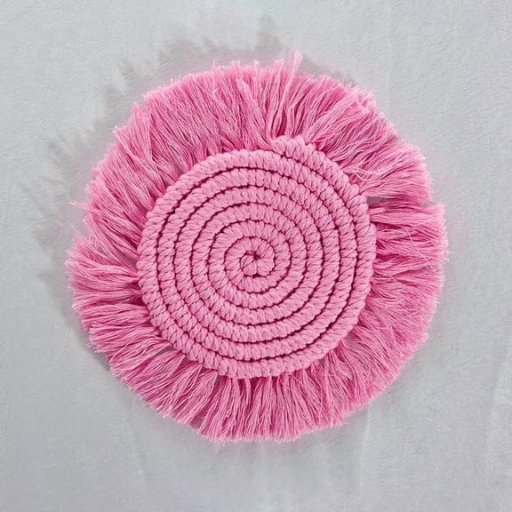 2Pcs Cotton Macrame Cup Mats Handmade Tassel Coaster Round Hot Pink 180mm for Handmade