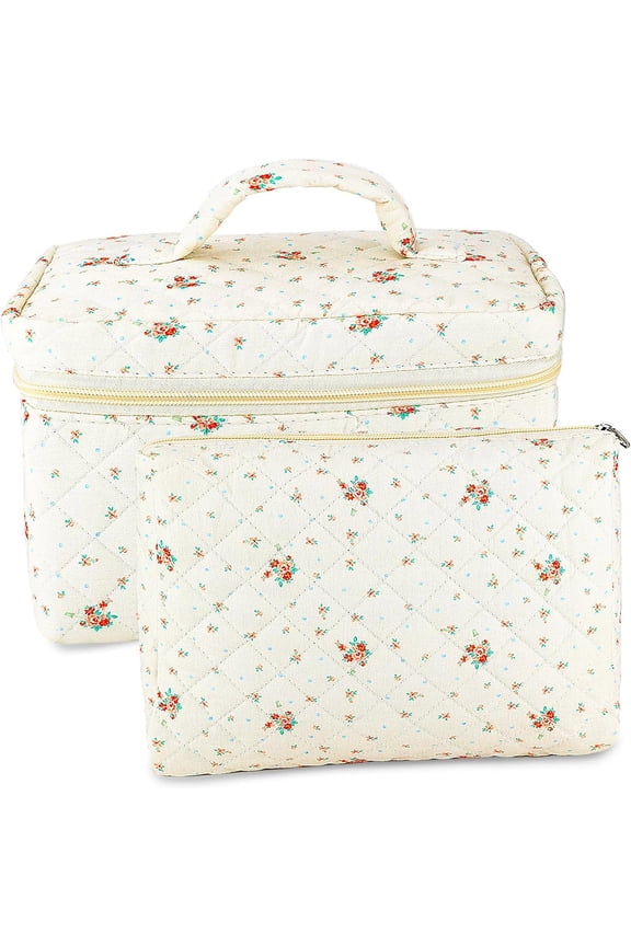 2Pcs Cotton Quilted Makeup Bag for Women Floral Extra Large Small Travel Cosmetic Bag Set Big Cute Blue Makeup Pouch Portable Toiletry Bag Organizer