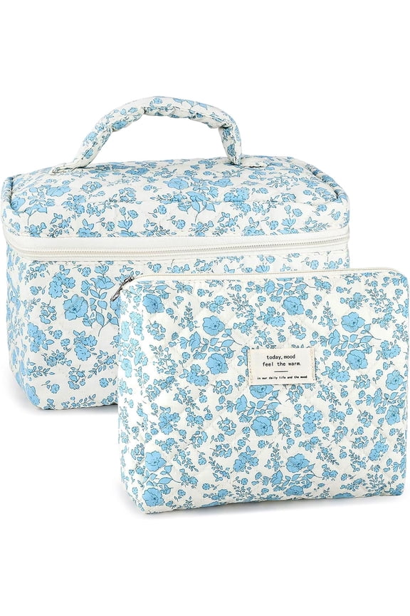 2Pcs Cotton Quilted Makeup Bag for Women Floral Extra Large Small Travel Cosmetic Bag Set Big Cute Blue Makeup Pouch Portable Toiletry Bag Organizer