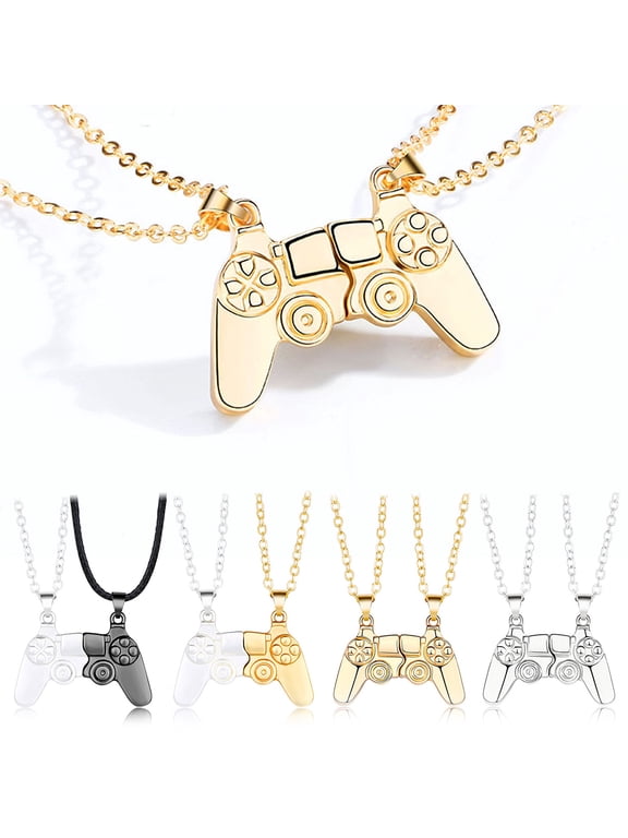 2Pcs Couples Necklace, Matching Necklace for Couples, Alloy Simple Design Game Controller Necklace with Magnet and They will Stick Together when Put Together, A Combination of Silver and Black