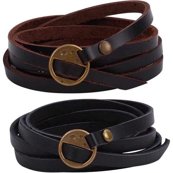 2Pcs Cowhide Womens Black Leather Wrap Bracelet Stackable 5 Wrap Around Circle Genuine Leather Boho Vintage Punk 6mm Wristlet Cuff Long Strap Bracelets for Women Bracelet Handmade Jewelry