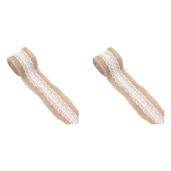 2Pcs Craft Ribbon 2 Inch Wide Burlap and Lace Roll, Natural Jute Wrap with White Lace Edge for Wreaths Bows Gift Wrapping Wedding Party Rustic Home Decor - A