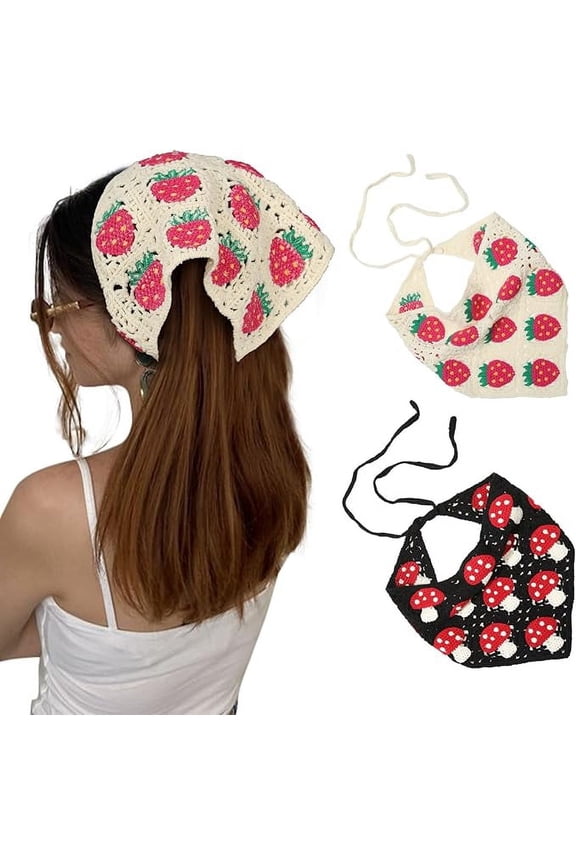 2Pcs Crochet Bandana Head Kerchief Knitted Hair Scarves Crochet Hair Kerchief Tie Bcak Headwrap Floral